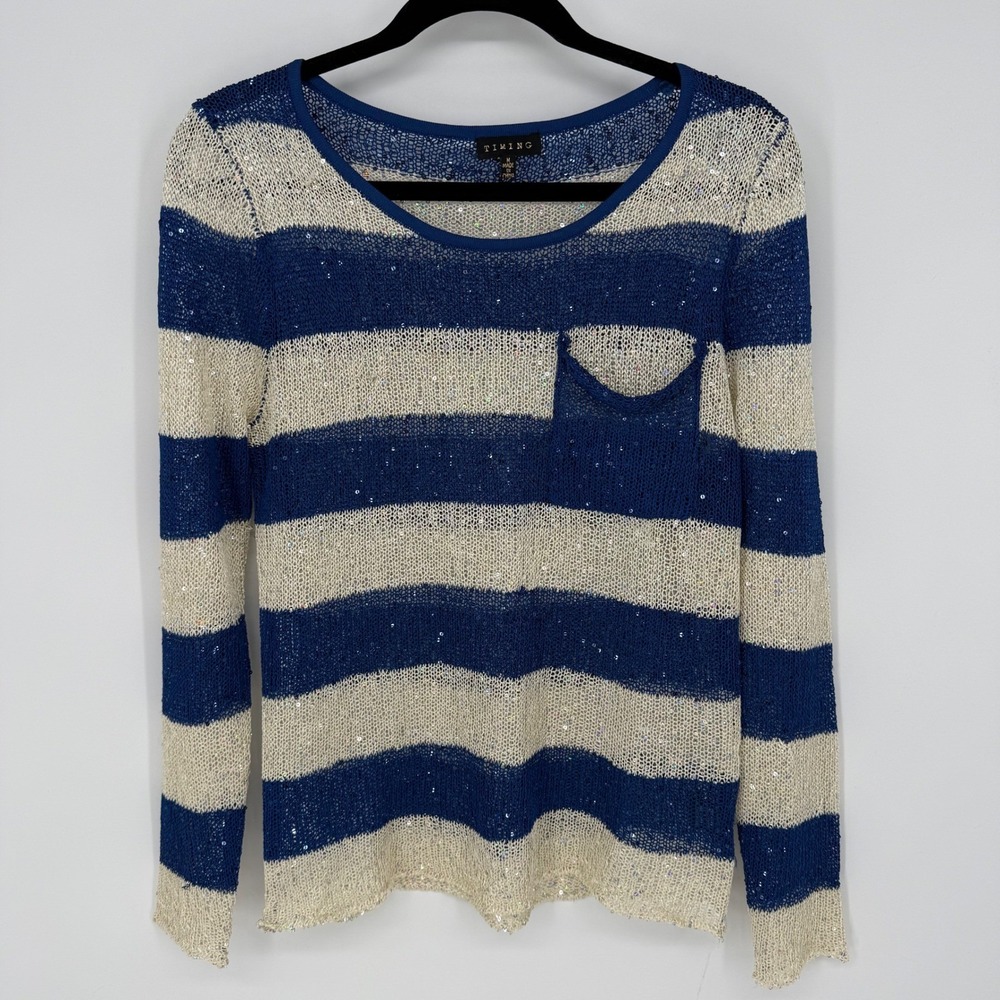 TIMING TAN BLUE STRIPED SEQUINNED LONG SLEEVE LOOSE KNIT TOP MEDIUM